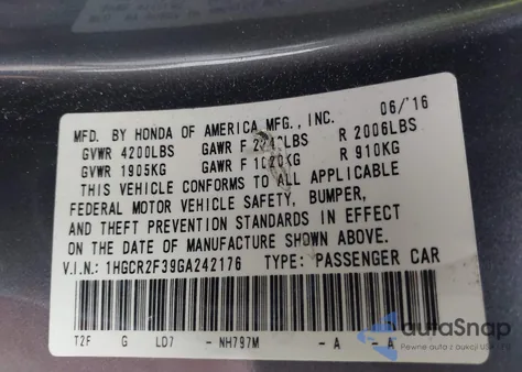 2016 Honda Accord Lx from USA, damaged, VIN 1HGCR2F39GA242176